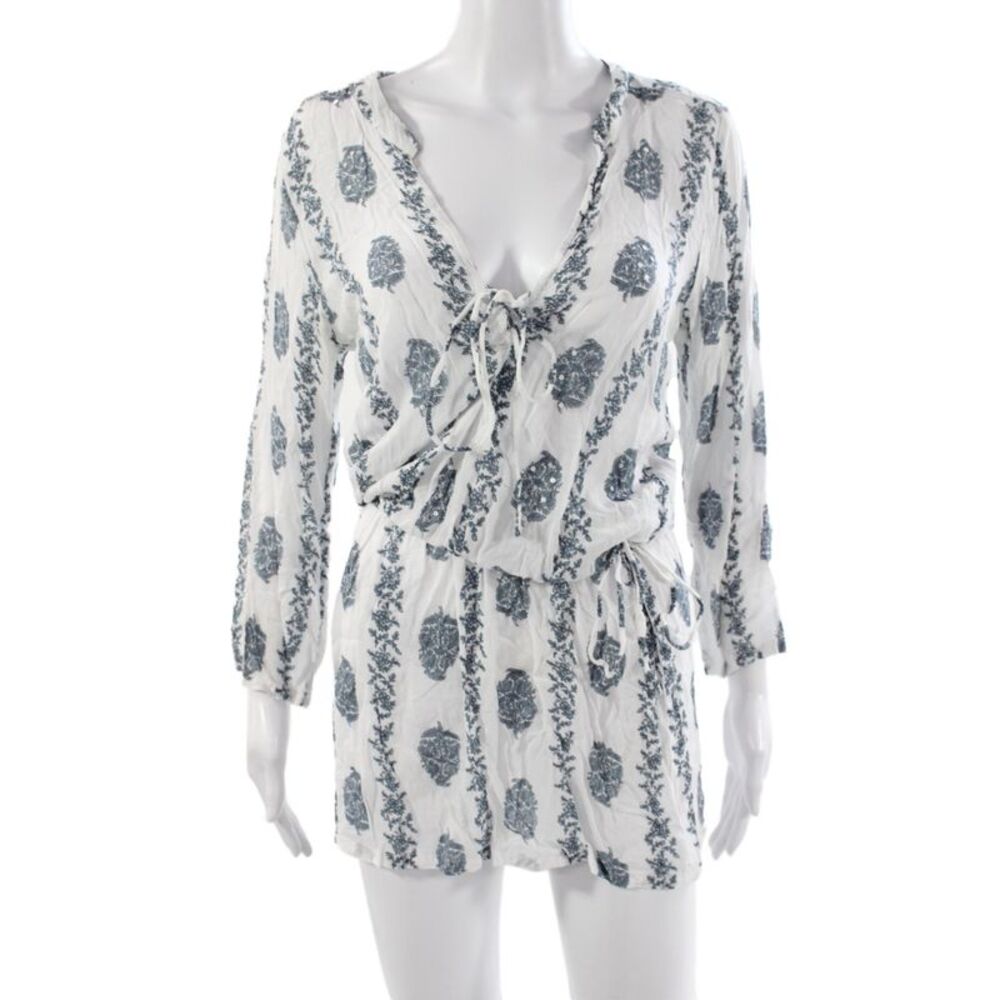 Cool Change Womens White Floral V-Neck Bohemian Romper 3/4 Sleeve Rayon Size S